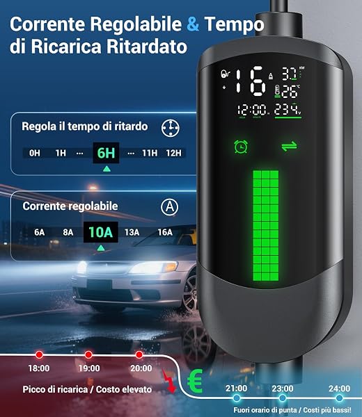 Colonnina Ricarica Auto Elettrica Wallbox - 3,7kW/7M/6-16A Carichino Auto Elettrica Portatile con LCD Digitale e Supporto, Caricabatterie Ritardato, IP65, Compatibile con EVs(IEC 62196-2) & PHEVS - 3