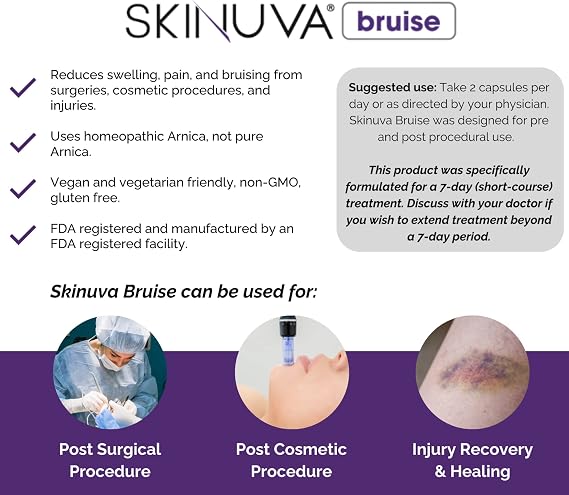 Skinuva Bruise Tablets (14 Capsules) | Arnica, Bromelain & Zinc, Pre & Post Surgery Pills for Bruising & Swelling, 7-Day Treatment, Vegan & Gluten-Free