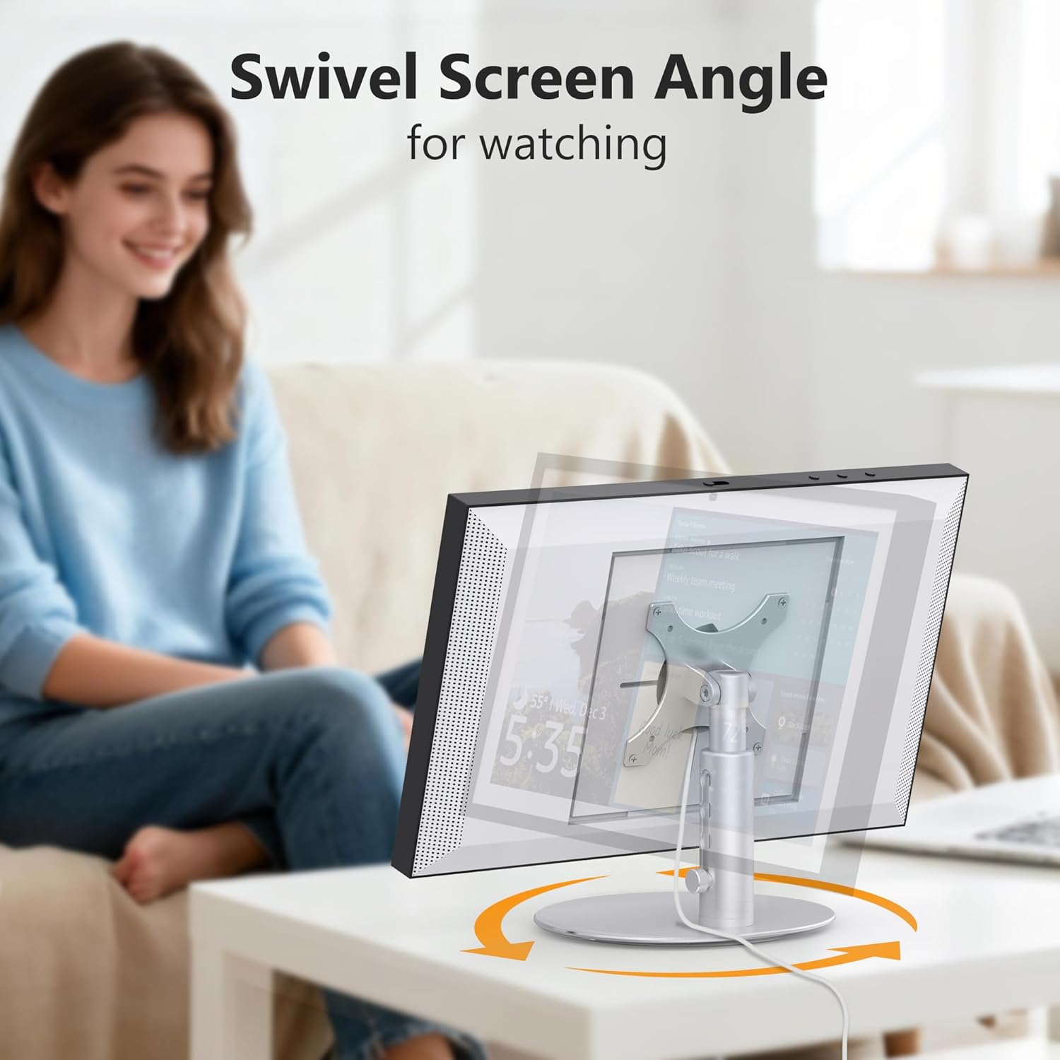 Rotating Stand for Echo Show 15 (Gen 1, Gen 2) and Show 21, Silver Aluminum Mount with Rotating Base, 4-Level Height Adjustable and Tiltable Holder, Easy Installation for Show 21/15 (Rotatable)