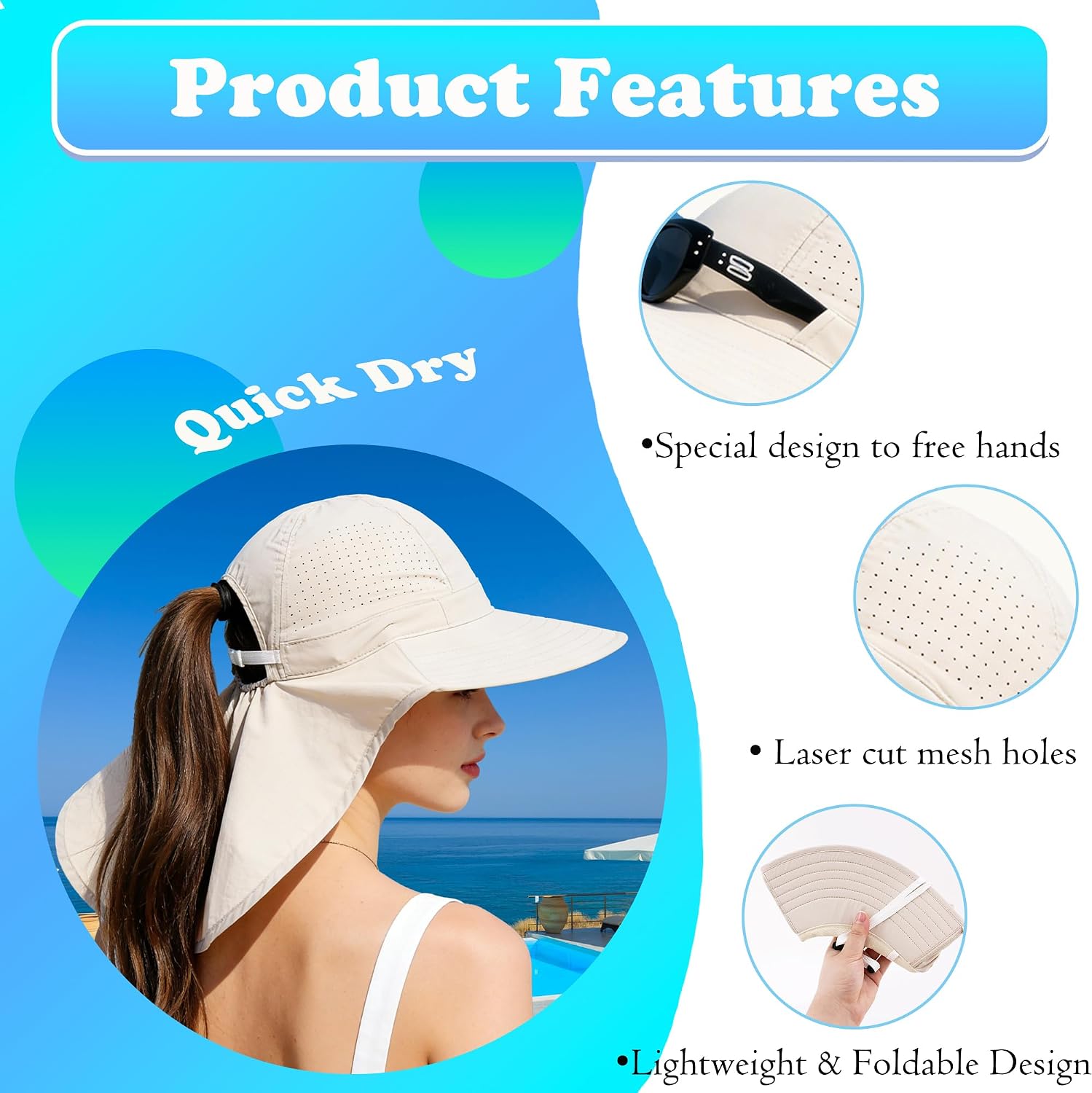 Sun Hats for Men Women with Neck Flap UPF 50+ UV Protection Wide Brim Bucket Hat Safari Hiking Foldable Fishing Hats