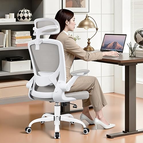 Silla de oficina ergonómica de respaldo alto, sillas de escritorio de malla para oficina en casa con soporte lumbar, reposabrazos abatibles, silla