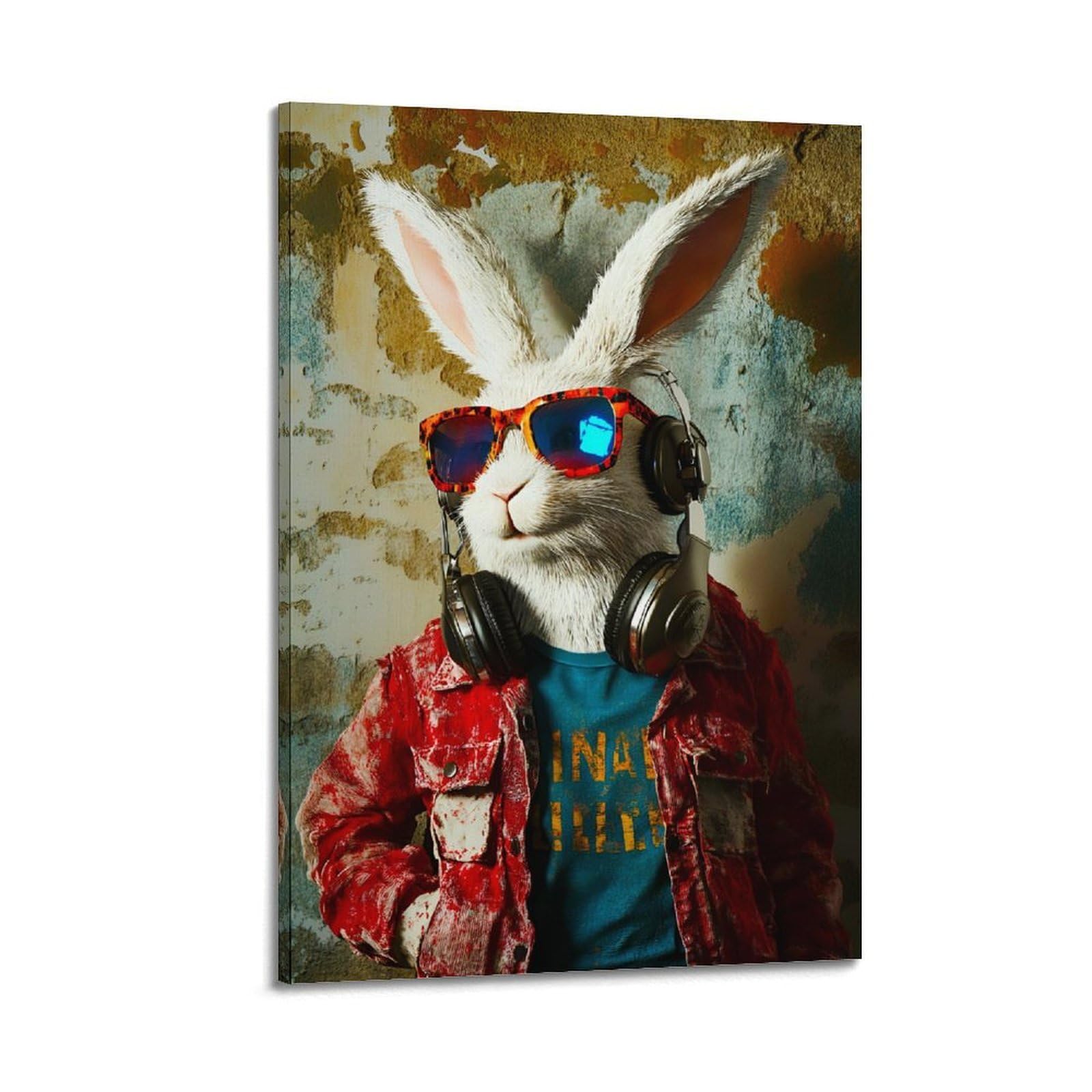 Poster decorativo da parete con coniglietto bianco, coniglietto hip hop con cuffie da appendere, poster per stanza dei giochi, camera da letto dei ragazzi, camera da letto, uomo, grotta, casa, bar, 40