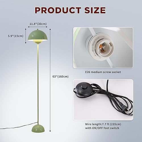 Miniatura 6 de SUNLLOK Lámpara de pie LED verde para sala de estar, pantalla de cúpula de metal industrial, lámpara de mesa de pie con interruptor de pie, moderna