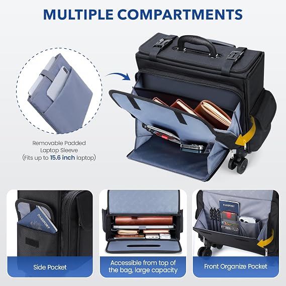 Rolling Laptop Bag 15.6 Inch Ballistic Nylon Wheel Briefcase for Men Women Professional Rolling Work Bag Underseat Carry-on Business Case 360 Spinner Wheels Accordion File Office Bag