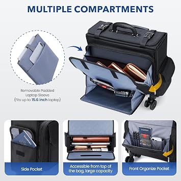 Rolling Laptop Bag 15.6 Inch Ballistic Nylon Wheel Briefcase for Men Women Professional Rolling Work Bag Underseat Carry-on Business Case 360 Spinner Wheels Accordion File Office Bag
