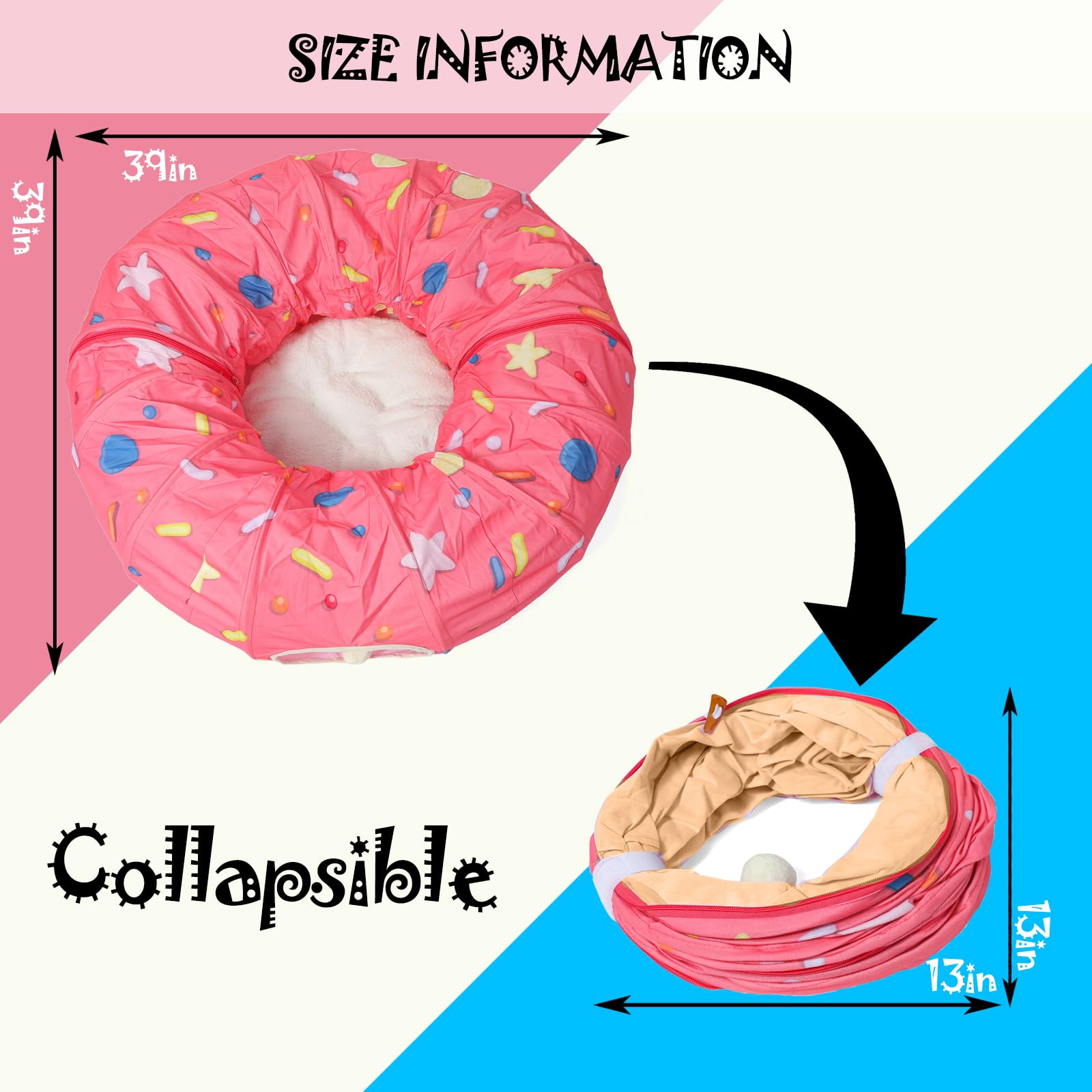 Túnel grande para gatos, cama de túnel para gatos grandes, bolas de juguete esponjosas, cojín pequeño y diseño flexible, 12 pulgadas de diámetro, ideal para gatos y perros pequeños, color