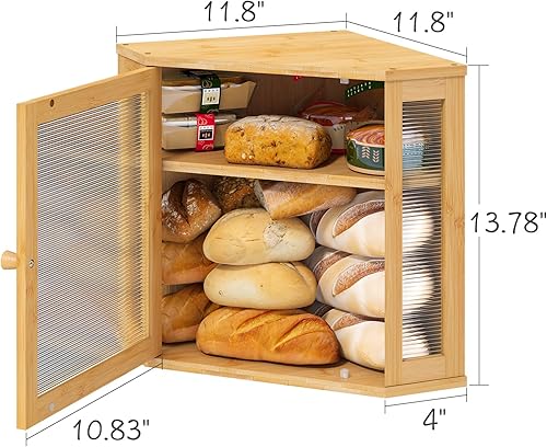Miniatura 5 de Panera de esquina para encimera de cocina, contenedor de almacenamiento de pan de madera de bambú de gran capacidad con panel de puerta ondulado