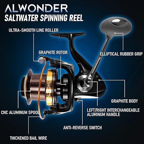 Miniatura 6 de Alwonder Carrete giratorio de agua salada 1000011000 carrete de pesca de surf grafito 11+1 acero inoxidable BBS 31LB Max Drag Heavy Duty Surf