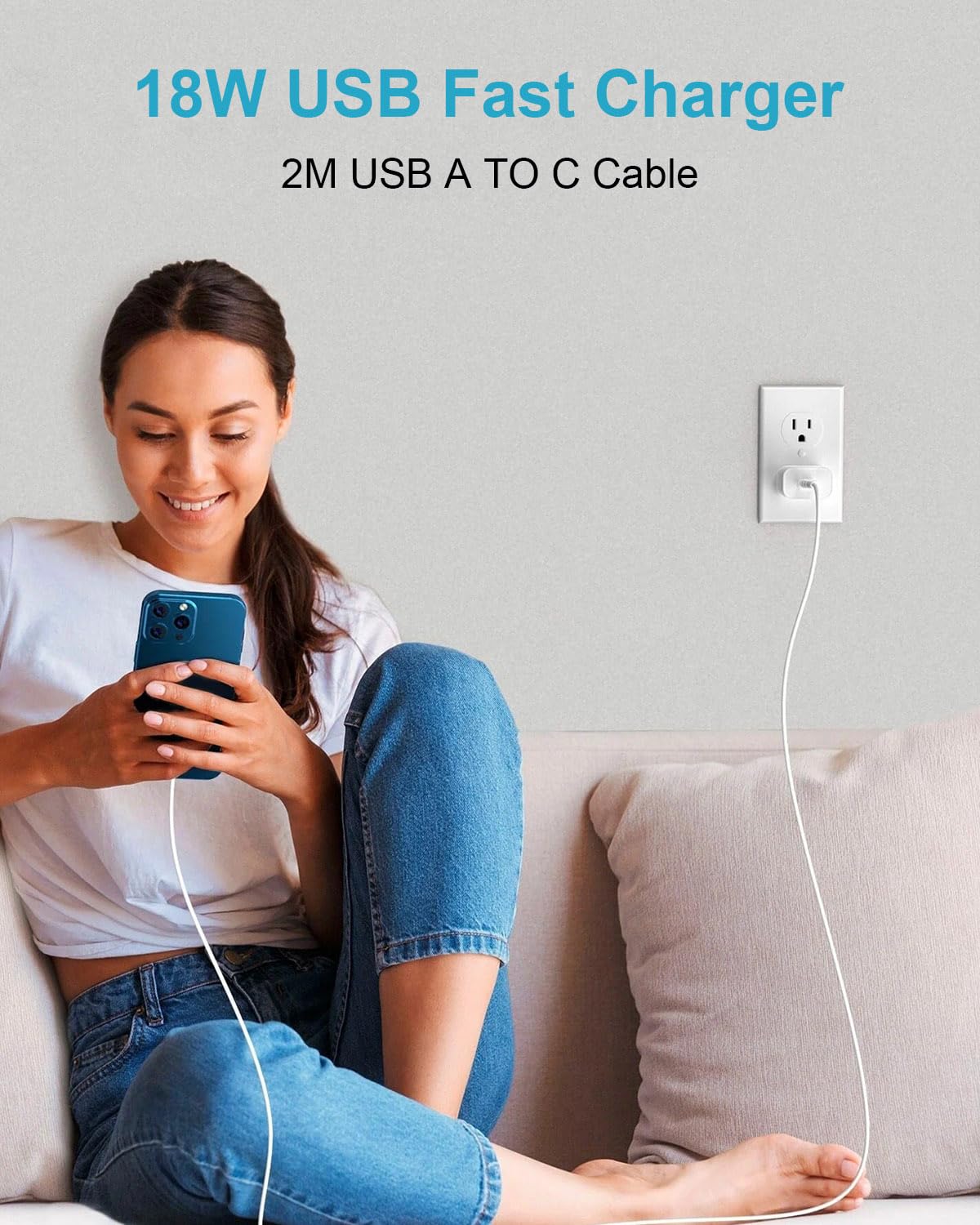 Ładowarka USB z kablem ładującym USB C 2M, 18W Zasilacz USB Wtyczka USB z szybkim ładowaniem Quick Charge 3.0 Gniazdo USB Ładowarka do telefonów komórkowych Samsung Galaxy S23 S22 S21 S20 S10 S9 5G