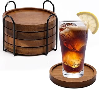 Mckanti Absorbent Wood Coasters Set of 4 with Metal Holder - Protects Furniture from Water Rings, Ideal for Coffee Table, Farmhouse, Bar, Office