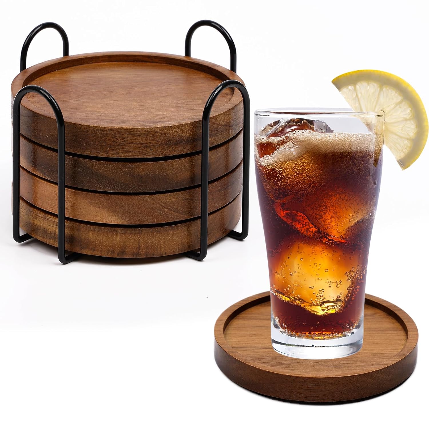 4 Pcs Wood Coasters for Drinks Absorbent Wooden Coasters with Holder Drink Coasters for Coffee Table Absorbent Coaster