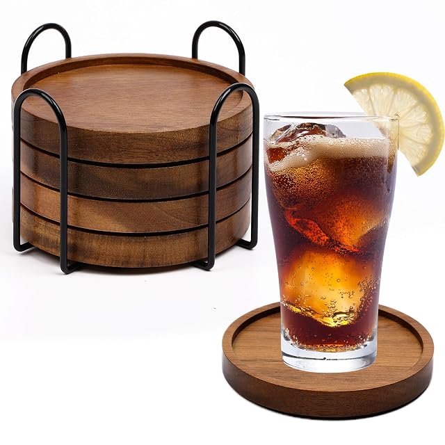 4 Pcs Wood Coasters for Drinks Absorbent Wooden Coasters with Holder Drink Coasters for Coffee Table Absorbent Coaster