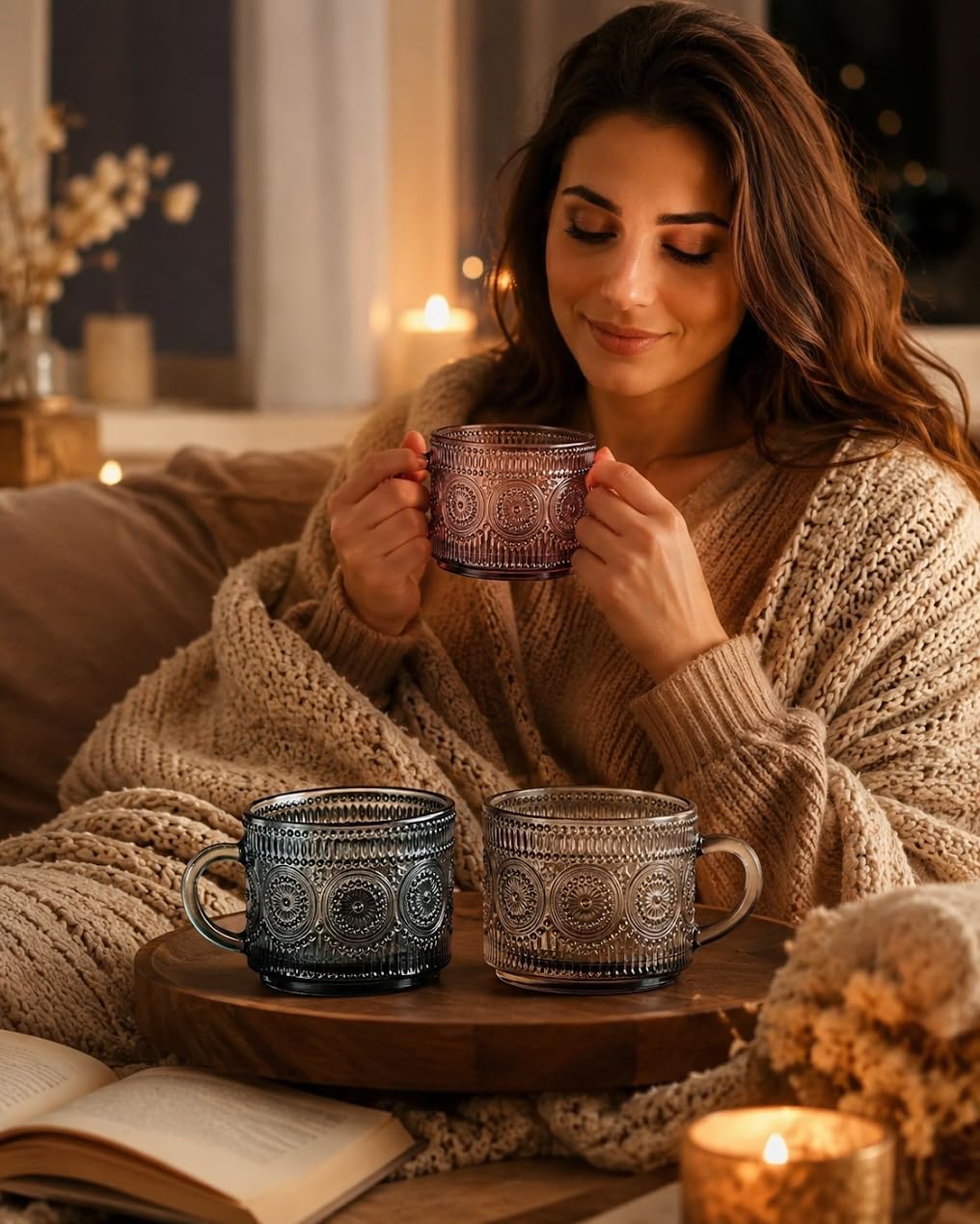 Khen Colored Vintage Coffee Mug Set | Set of 6 | 15oz Flower Hobnail Glasses, Overnight Oats Container with Bamboo Lids and Gold Spoons - Embossed Cups Cute Coffee Bar Accessories, Glassware (Muted) image 4