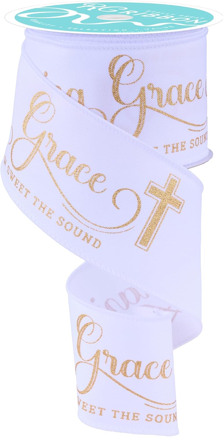 RG Ribbon Amazing Grace Print with Wired Edges for Crafting and Decorating - Amazing Grace How Sweet The Sound (White, Gold, 2.5" Inch x 10 Yards)