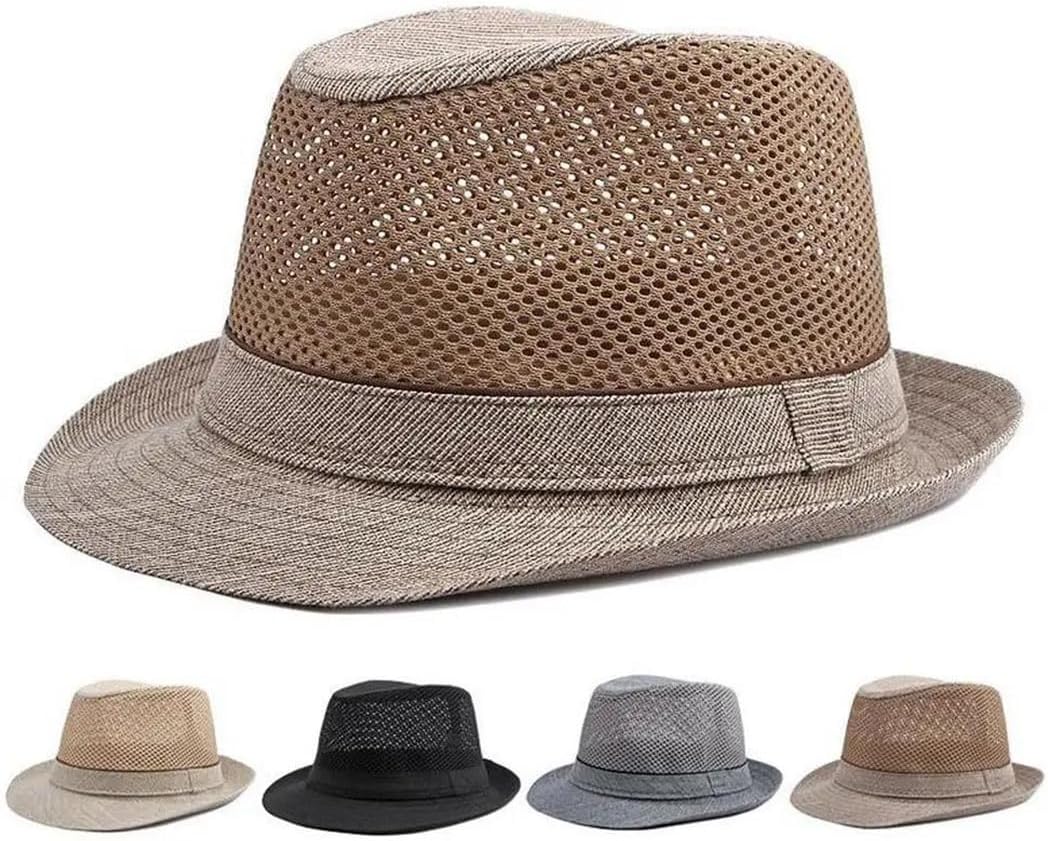 Men Summer Sun Hats Panama Caps Polyester Splicing Mesh Small Brim Jazz Style Outdoor Beach Sunshade Fedoras