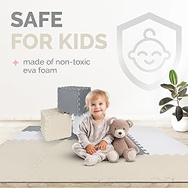 TOYVELT Foam Puzzle Floor Mat for Kids 12x12-16 Interlocking Play Mat Tiles with Colors - Educational Large Puzzle Foam Floor Tiles for Crawling, Non-Toxic - Cream-Gray-Beige