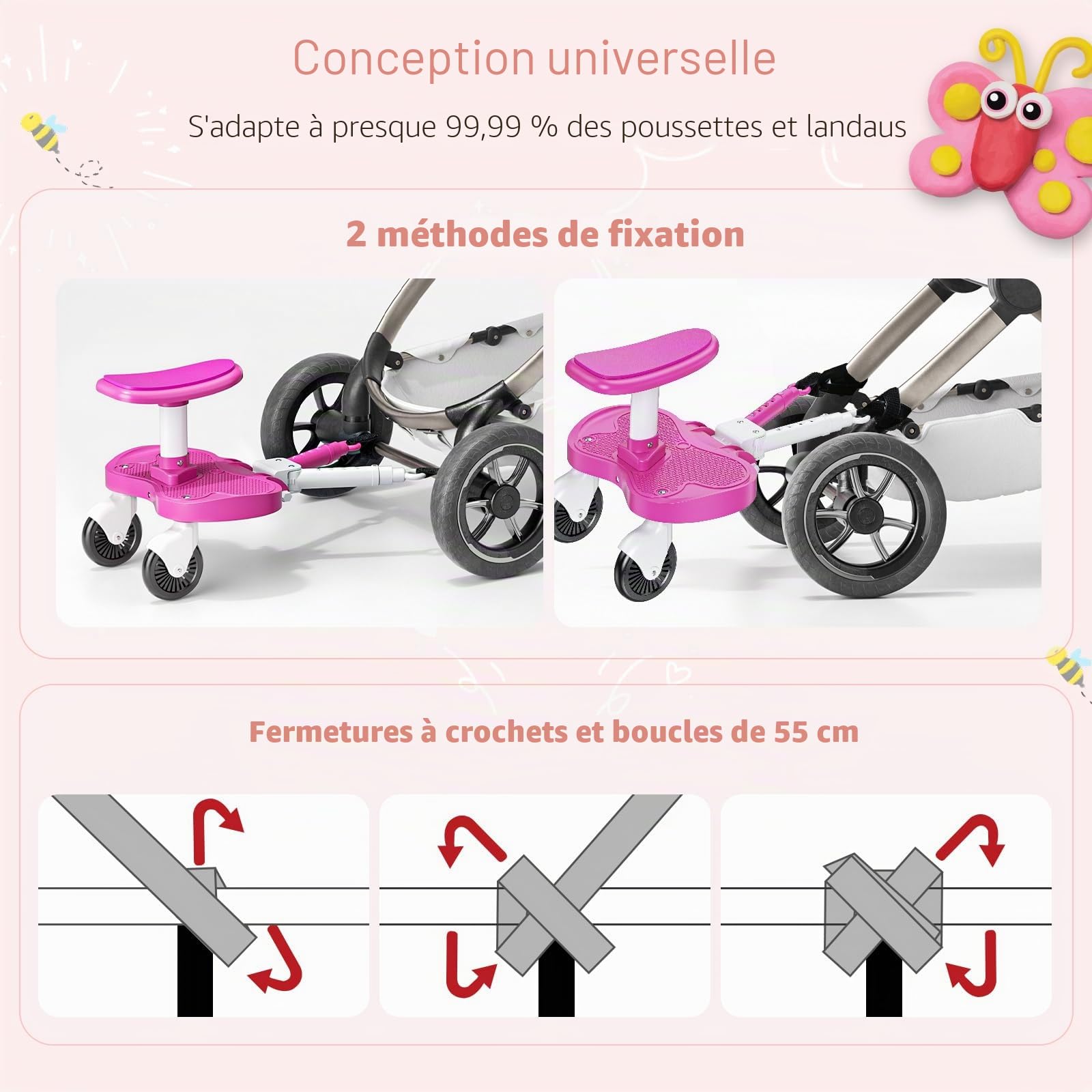 Planche Poussette Universelle Rose, Marche Pied Poussette Universelle avec Siège, Compatible 99% des Poussettes, Planche à Roulettes pour Enfants 2-6 Ans (25KG)