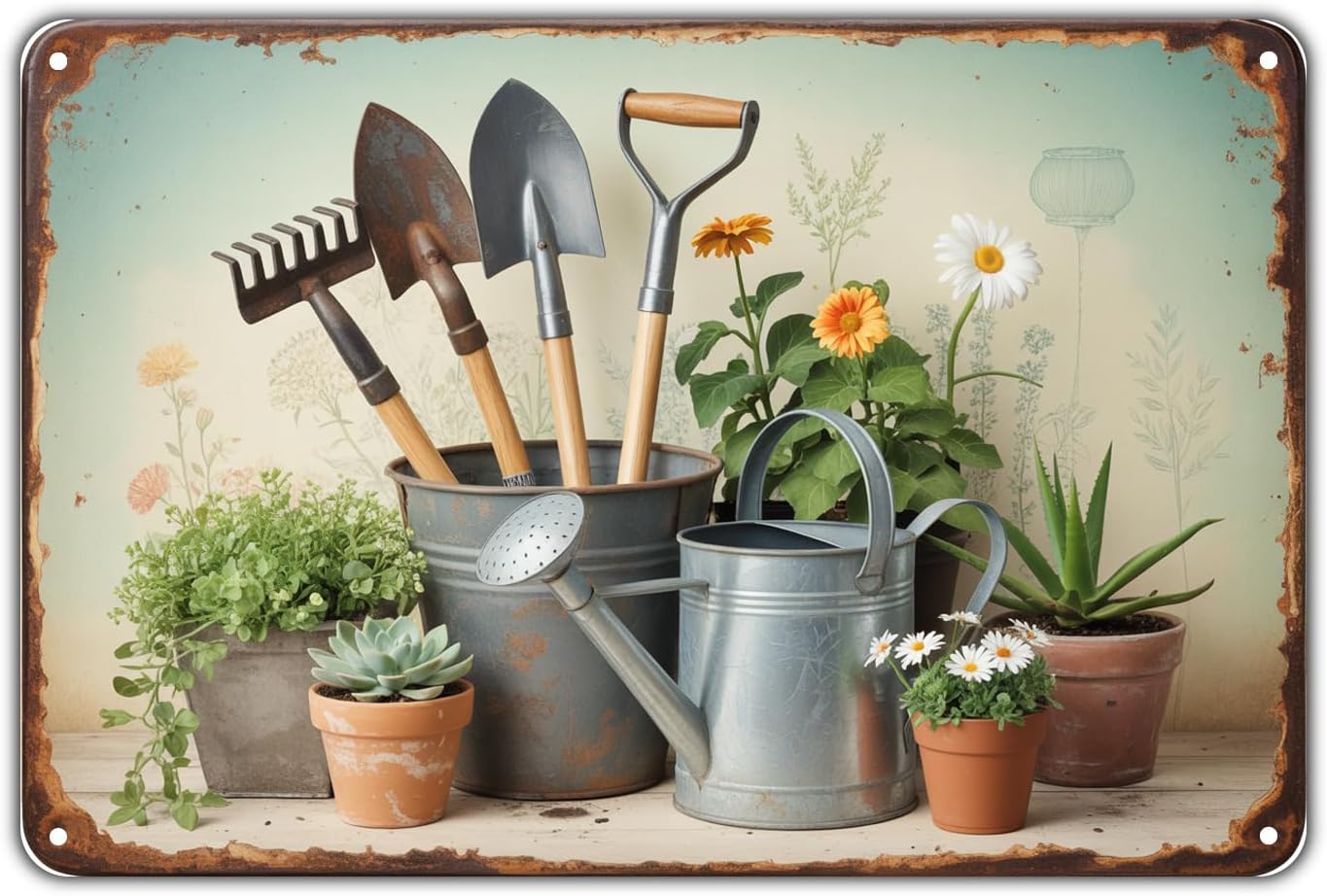Garden Tools Plants tin sign Vintage Gardening Decor Metal Sign Print Aesthetic for Garden Yard Home Kitchen Wall Decor Gift 8 x 12 inch