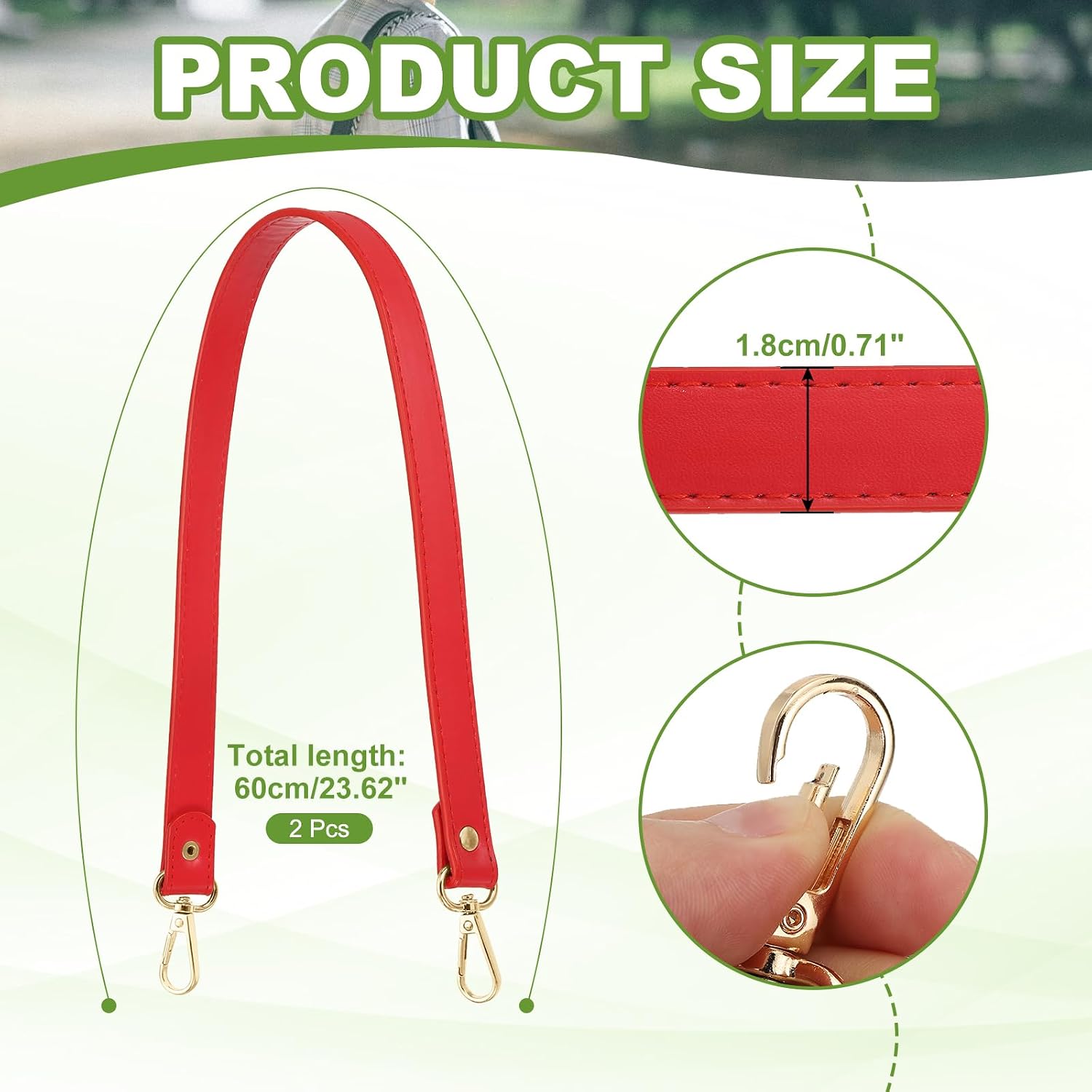 Leather Purse Strap Replacement PU Short Bag Handles with Gold Lobster Buckles, 23 Inch Length Fit for Handbags Shoulder Bag Accessories - Rectangle (2 Pack, Bright Red) image 2