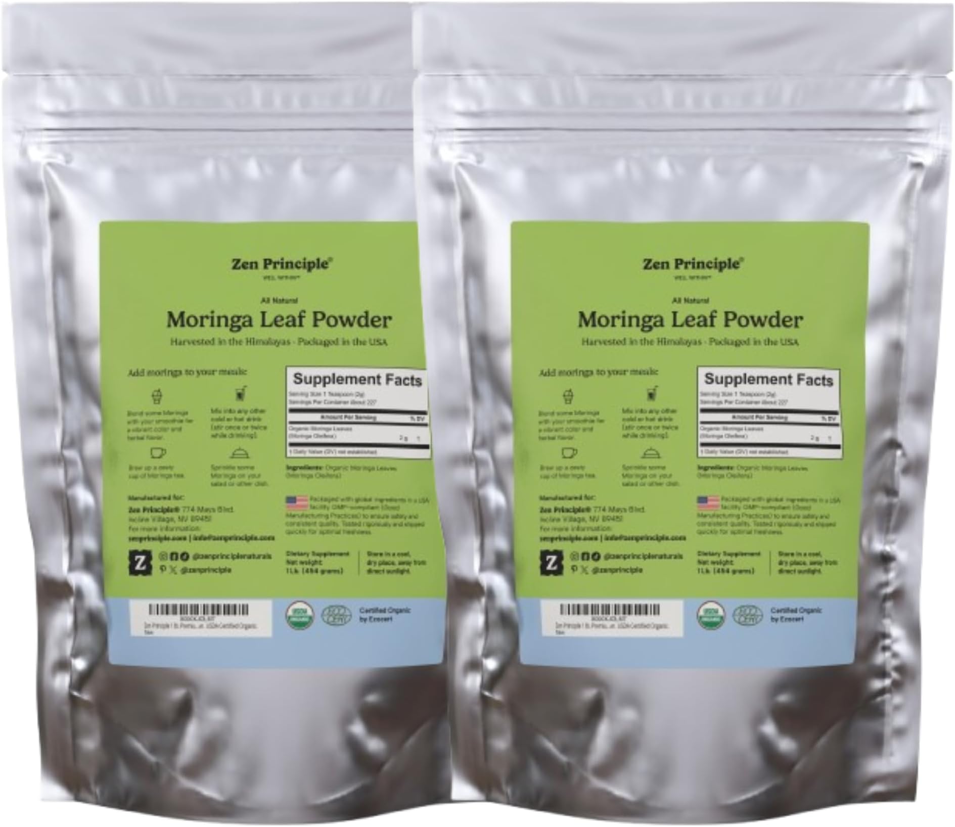 Zen Principle 2-Pack Premium Organic Moringa Oleifera Leaf Powder. 100% USDA Certified. Sun-Dried, All Natural Energy Boost, Raw Superfood and Multi-Vitamin. No GMO, Gluten Free.