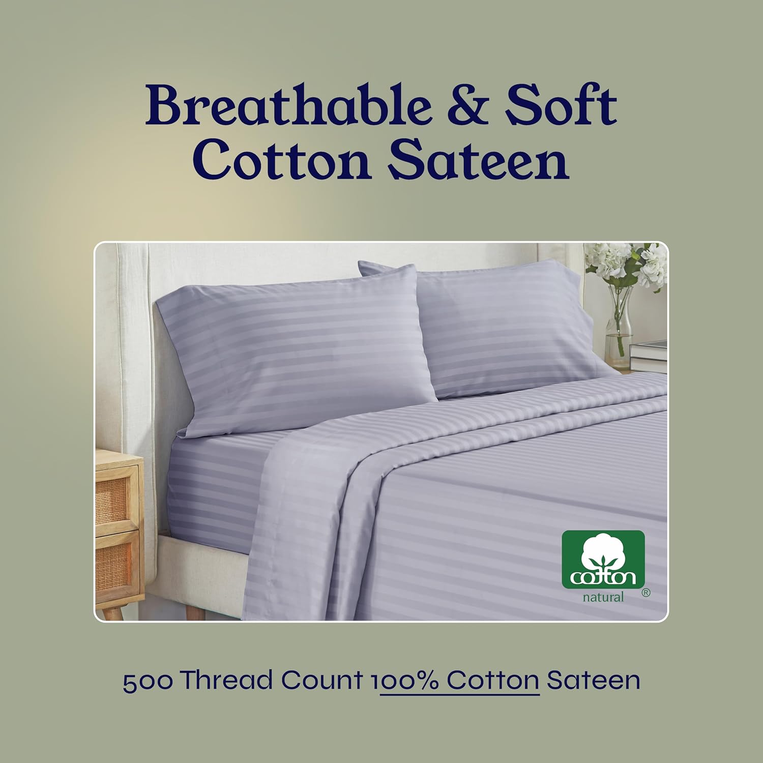 California Design Den - Deep Pocket Queen Sheet Sets, Soft 100% Cotton Sheets with Snug Fit Elastic, 500 Thread Count Sateen, Damask Stripe Bedding for Home (Stripe - Lavender) - Image 2