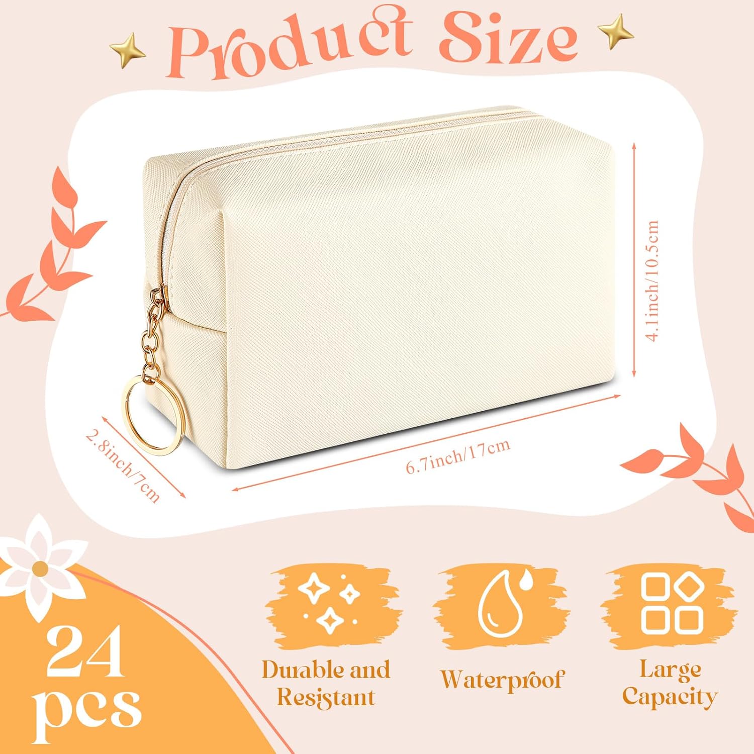 Chunful 24 Pcs Preppy Makeup Bag PU Leather Cosmetic Bag Bulk Makeup Plain Pouch Waterproof Toiletry Purse for Women Traveling Preppy Pencil Case Valentine's Day Gifts(Beige) - Image 2