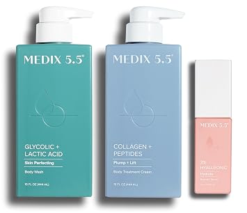 Medix 5.5 Glycolic Acid Body Wash + Collagen + Peptide Firming Cream + 3% Hyaluronic Acid Anti-Aging Booster Serum Set