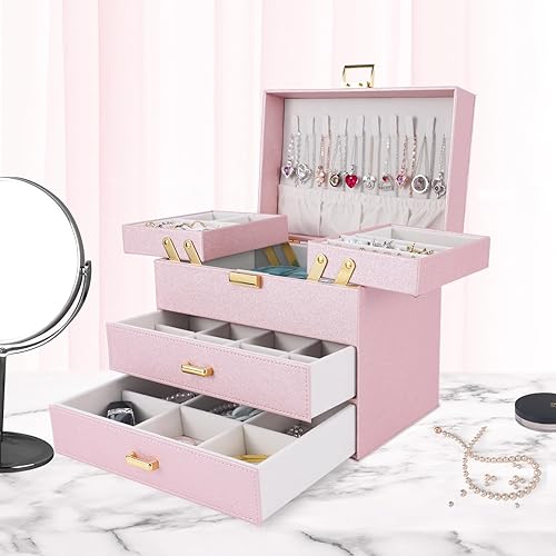 Miniatura 6 de Dajasan Cajas de joyería para mujeres y niñas, organizador de almacenamiento de joyas, 4 capas, caja organizadora de joyas grande con 2 cajones para