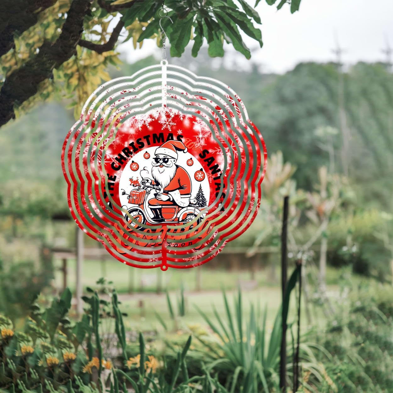 The Christmas with Santa Christmas Wind Spinners 3D Stainless Steel Laser Cut Metal Double Sided Printing-Hanging Indoor/Outdoor Decorations Yard Gardening Decor,Metal Kinetic Art 16x16 inches