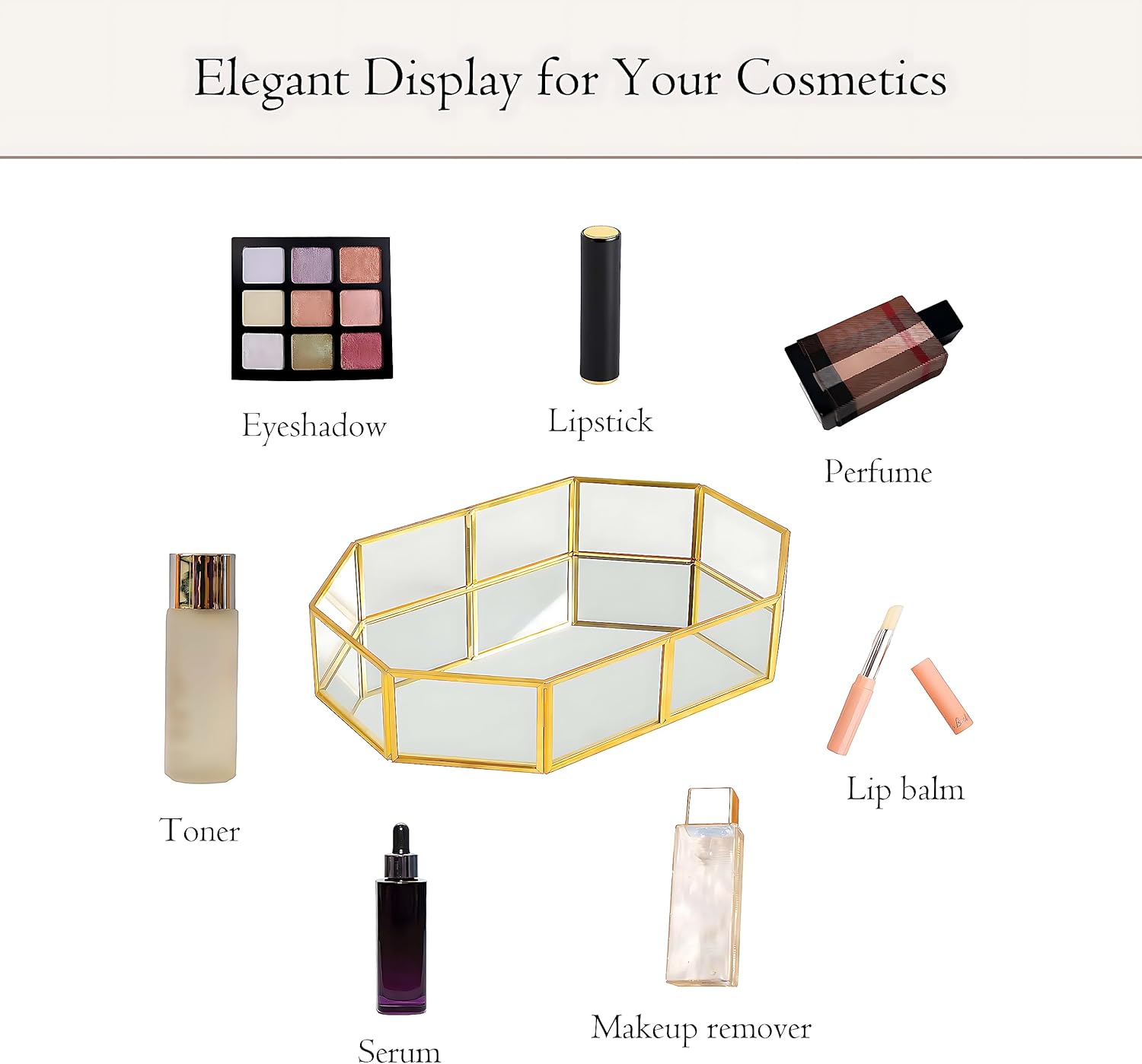 Set 2 Gold Tray Vanity Tray, Bathroom Tray with Metal Frame, Decorative Tray Perfume Tray for Dresser Bathroom Jewelry or Home Decoration (L+S)