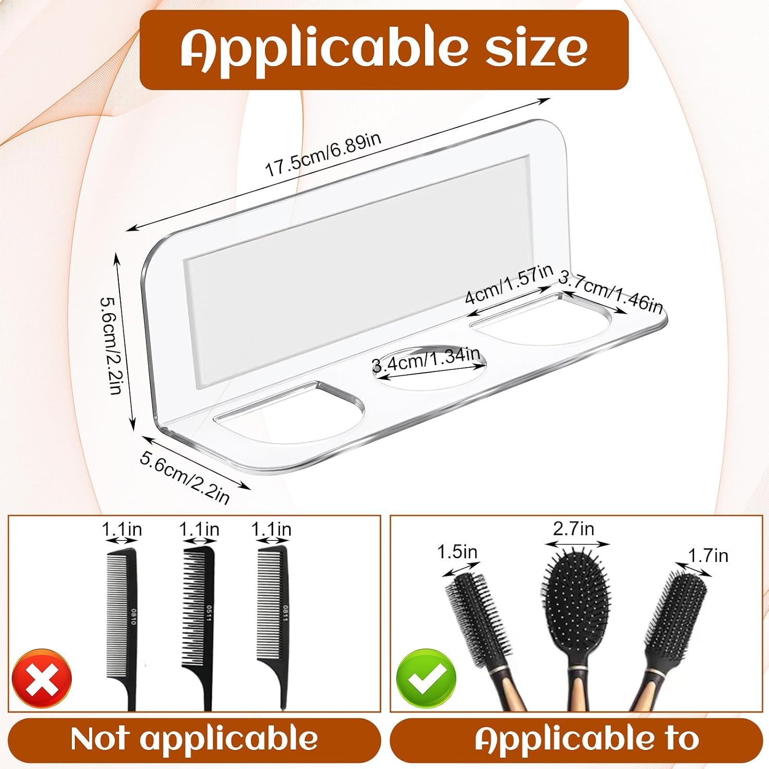 2pcs Acrylic Hair Brush Holder for Bathroom Adhesive Hair Tool Organizer Transparent Wall Mounted Comb Holder Organizer with 3 Holes No Drilling for Combs, Curling Irons, Flat Irons