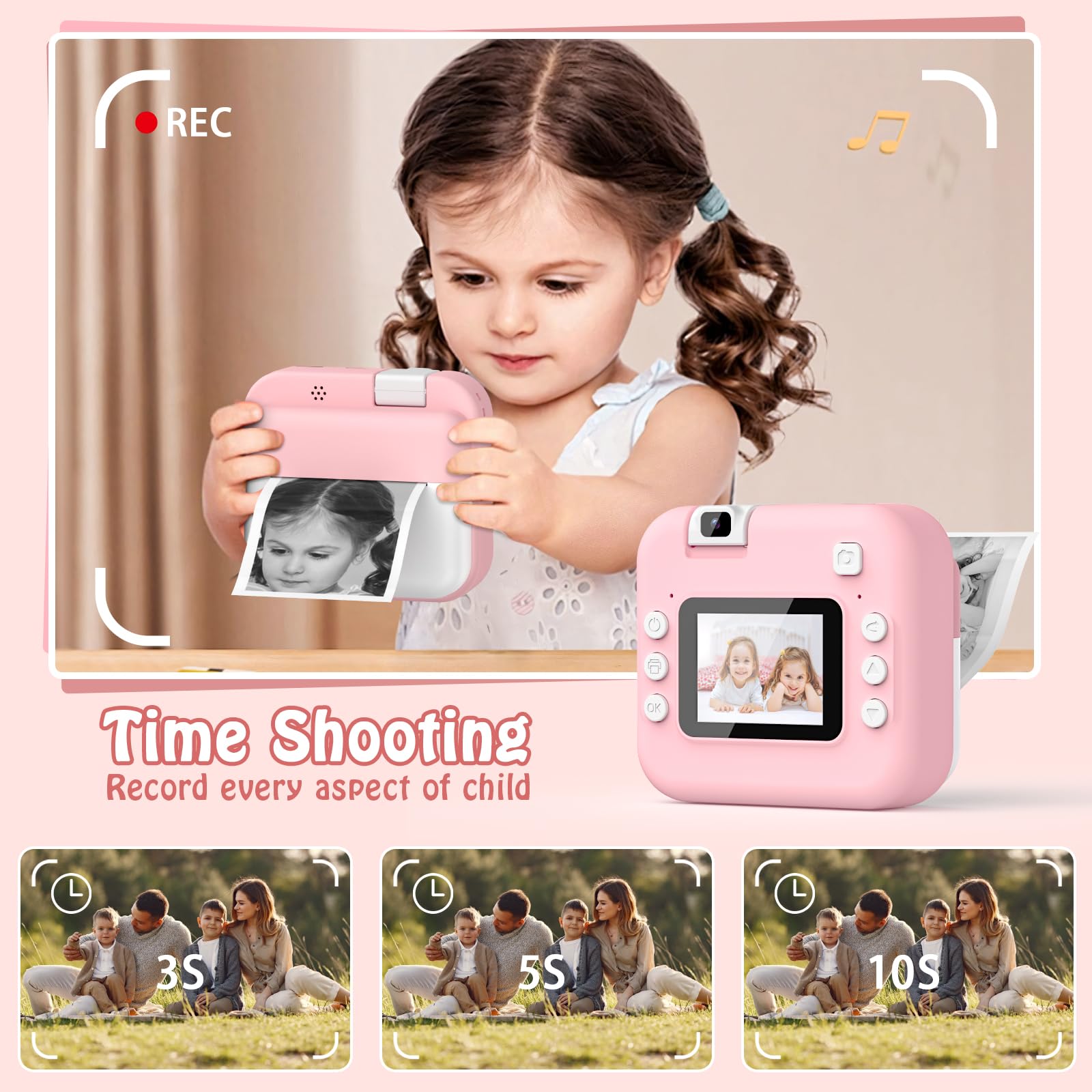 Teoryieer Cámara de Fotos Instantánea, Pantalla HD de 2.0 Pulgadas y 48 MP, 1080P cámara de Fotos Infantil, Tarjeta de 32 GB y 3 Rollos de Papel de Impresión, Ideal para Niños de 3 a 12 Años (Rosa) — view 6