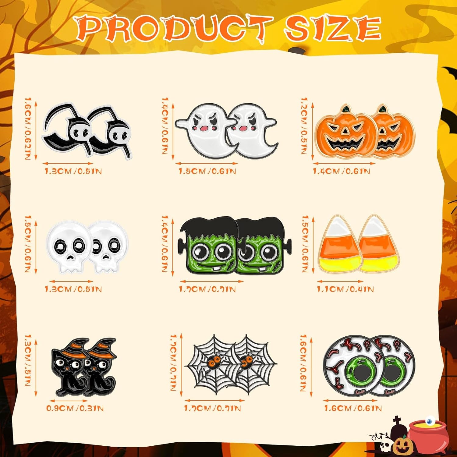 9 Pairs Halloween Enamel Stud Earrings for Women Teen Girls Pumpkin Spider Bat Black Cat Ghost Witch Candy Spooky Earrings Halloween Earring Set for Holiday Decoration - Image 2