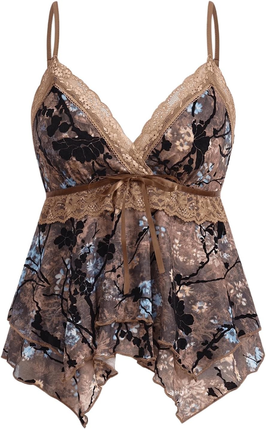 Verdusa Women's Y2K Tops Babydoll Tops Summer Tank Tops Going Out Tops Floral Lace Mesh Tops Whimsical Clothes