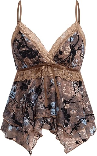 Verdusa Women's Y2K Tops Babydoll Tank Tops Going Out Lace Mesh Shirt