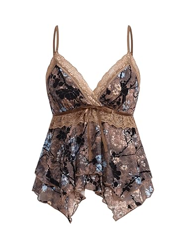 Verdusa Women's Y2K Crop Tops Mesh Babydoll Lace Cami Floral 2000s Clothing Gothic Going Out Tops