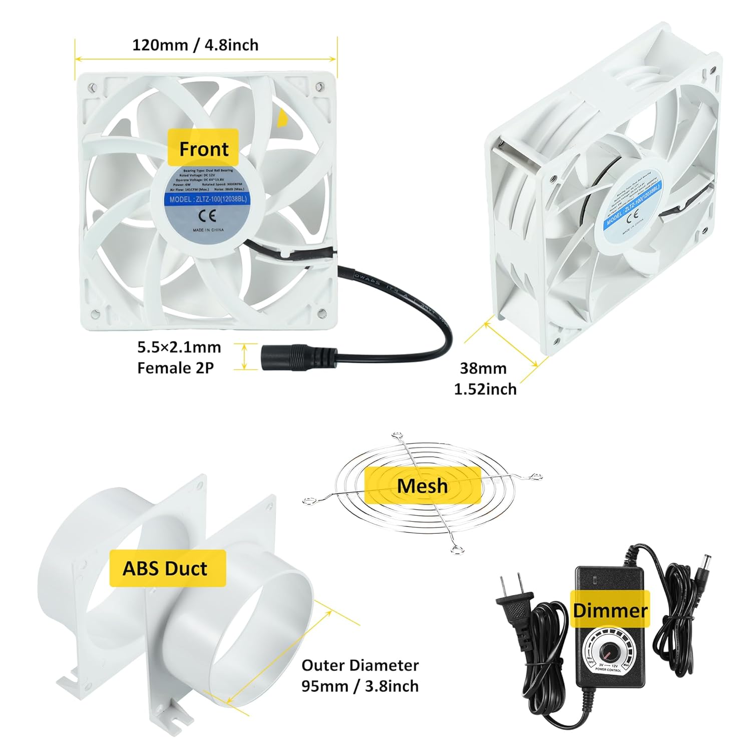 4" Axial Exhaust Fan, 3000RPM 12038 DC12V Dual Ball Bearings Air Exhaust Fume Smoke Extractor Fan Kit for DIY Soldering, 3D Laser, Paint Booth - White