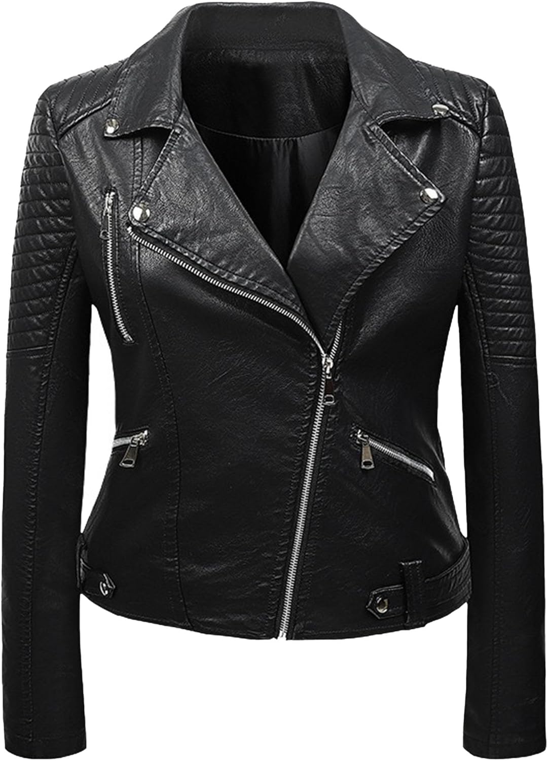 Women's Blazer Collar Zip Up Biker Coat Asymmetrical Faux Leather Coat Jacket Cropped Slim Fit Outerwear