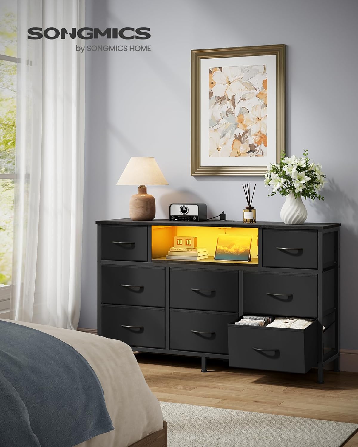 SONGMICS BELLAH Collection - Dresser for Bedroom with Outlets and LED Lights, TV Stand for TVs Up to 55 Inches, Chest of Drawers, 8 Drawers, Steel, Industrial, Modern, Ink Black ULGS433BH02S
