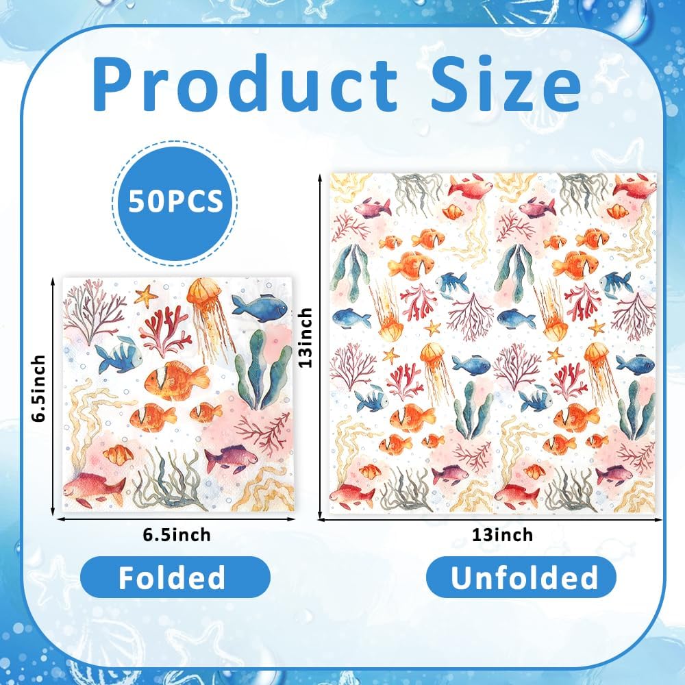 Coastal Cocktail Paper Napkins, Ocean Beach Nautical Decoupage Napkins, Disposable Hand Towels Decorative Guest Napkin for Bathroom Kitchen Dinner Table Decor Under the Sea Summer Party Favors 50 Pcs