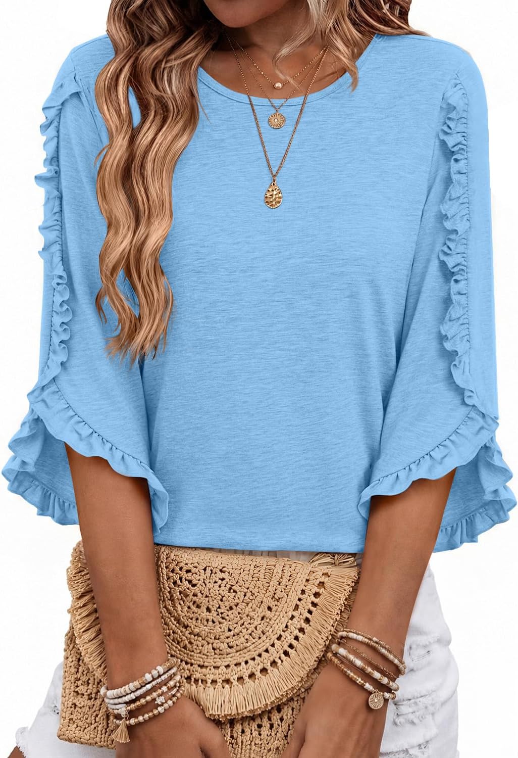 3/4 Length Sleeve Womens Tops Crewneck Ruffle Sleeve Shirts Dressy Casual Blouse Summer Fall Fashion Business Outfit