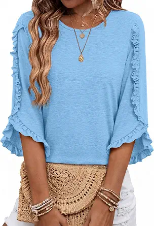 3/4 Length Sleeve Women's Casual Blouse with Ruffle Trim