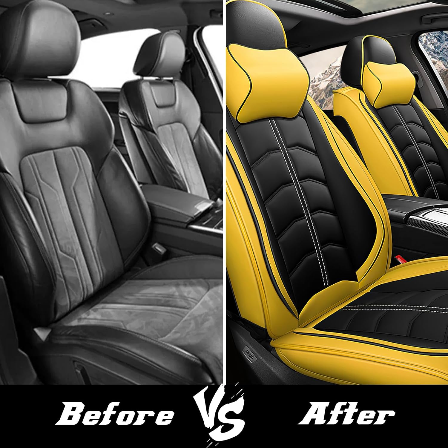 Car Seat Cover 5 Seats for Chevy Impala 2000-2020, Premium Nappa Leather Sport Seat Cover, Waterproof and Durable, Airbag Compatible with Car Seat Protectors (5 Seats Luxury,Black Yellow)