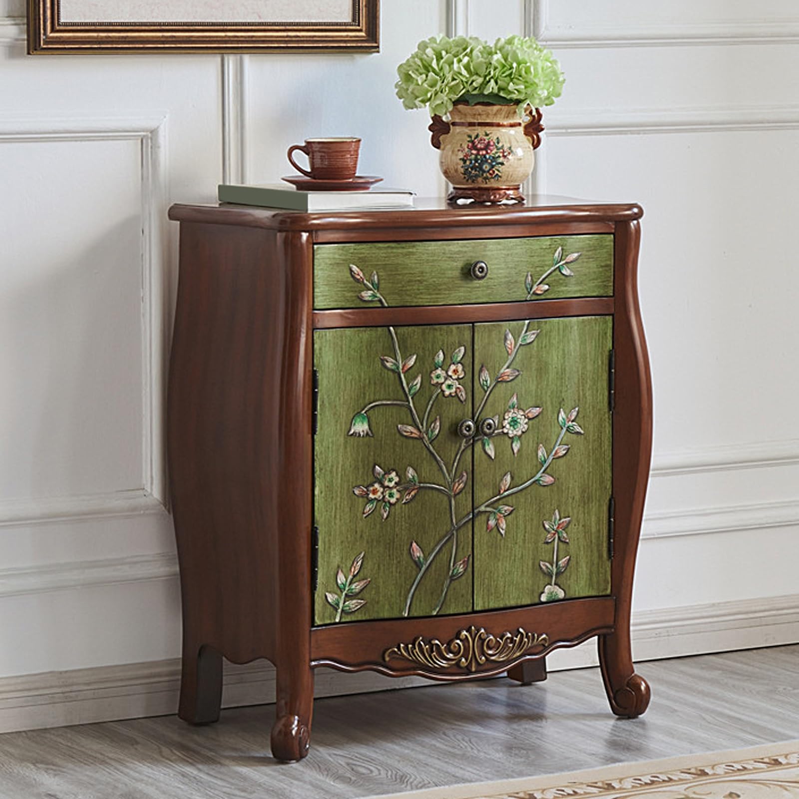 Szafka na Biżuterię z 1 Szufladą i 2 Drzwiami Drewniana Szafka Boczna Szafki do Sypialni Meble Malowane w Stylu Retro (Orzech i Zieleń, 66 * 33 * 77.5cm)