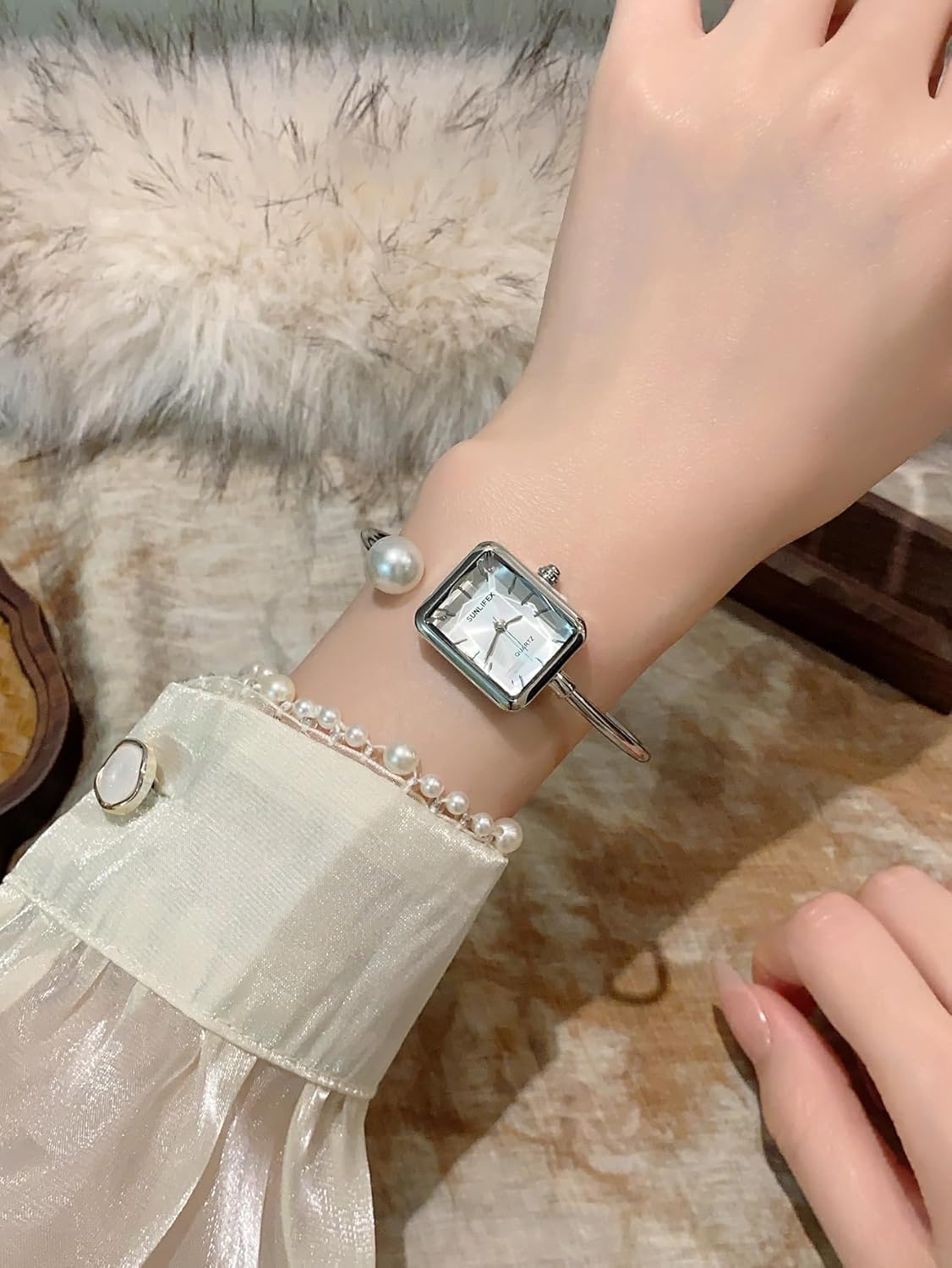 Gosasa Dainty Women’s Pearl Bangle Bracelet Watch – Elegant Chic Square Dial with Minimalist Slim Cuff Ladies Watch for 6.3"-7.9" Wrist