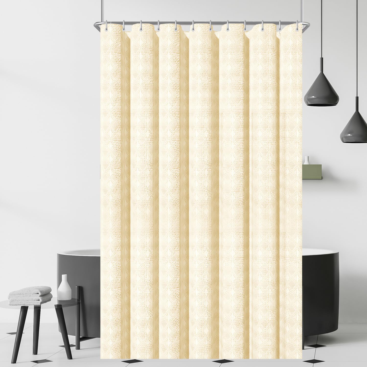 Lerores Rideau de douche 180 x 200 cm - Motif gaufre diamant - Beige - Ourlet lesté - Textile anti-moisissure - Imperméable - Lavable - Tissu polyester - Pour salle de bain, baignoire - Avec 12