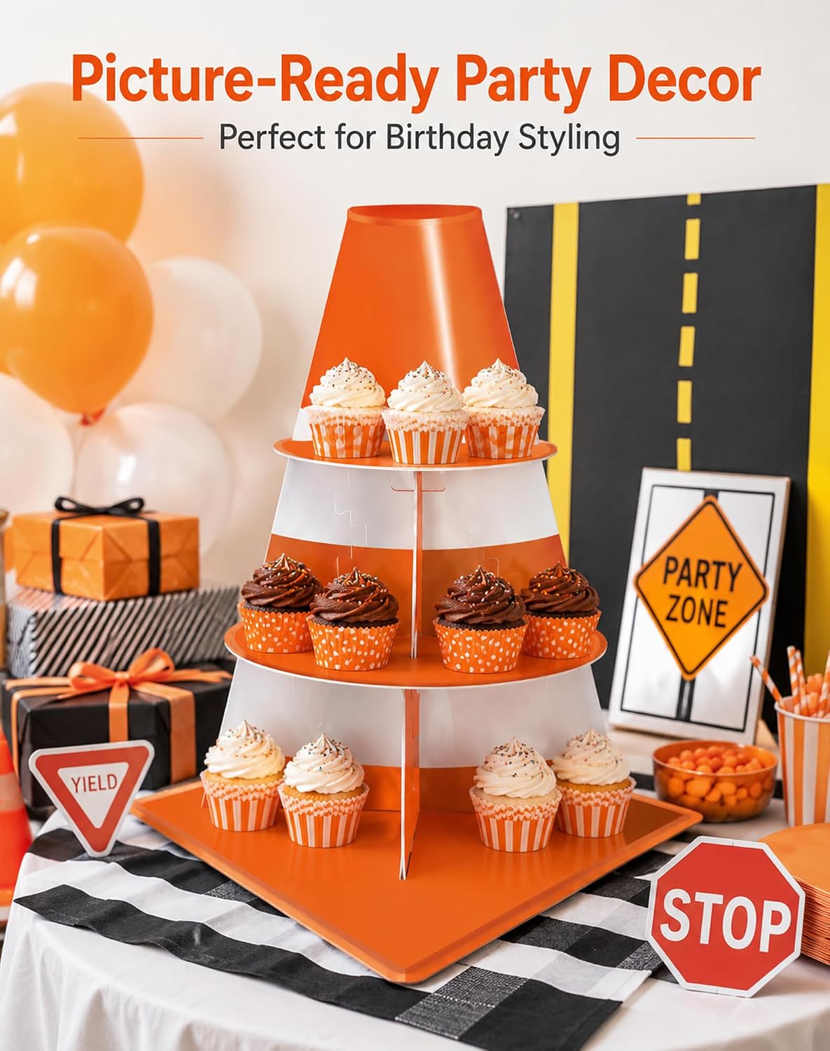 Racing Party Dessert Table Decoration, 3-Tier Traffic Cone Cupcake Stand