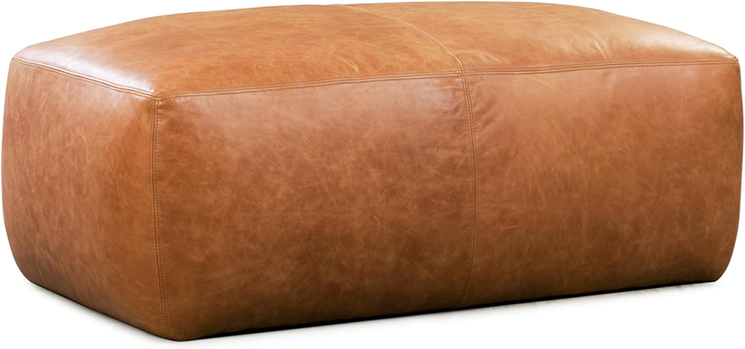 POLY & BARK Denver Ottoman – 43" Large Pouf with Feather-Down Topper – Full-Grain Leather Upholstered Pouf Ottoman for Living Room – Vintage Italian Leather in Cognac Tan