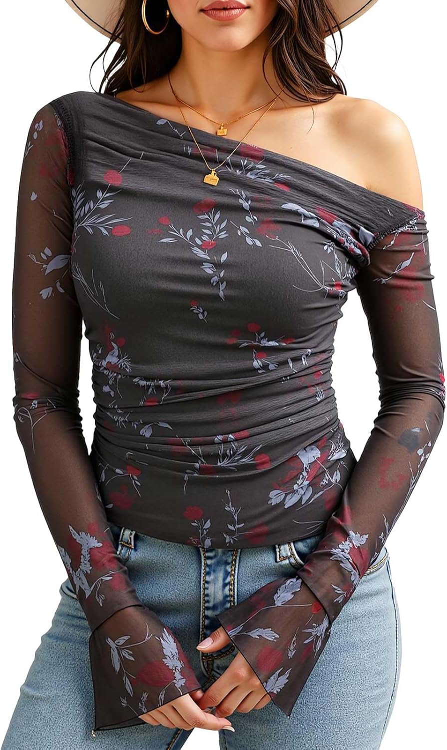 Bbonlinedress Womens Floral Mesh Long Sleeve Tops Going Out One Shoulder Shirts Ruched Waist Blouses with Lining
