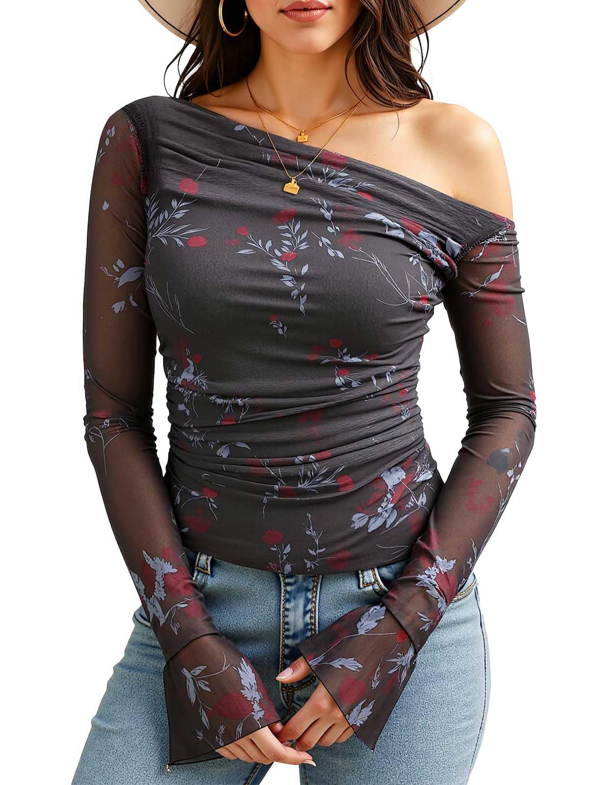 Womens Floral Mesh Long Sleeve Tops Going Out One Shoulder Shirts Ruched Waist Blouses with Lining